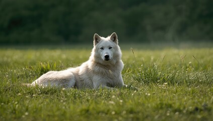 Obraz premium Wildlife park scene featuring a white wolf, focusing on habitat preservation