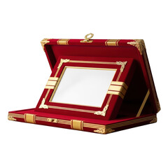 Luxury red velvet presentation case opened with golden frame inside