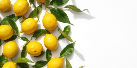 Ripe lemons arranged with leaves on a white surface, ideal for culinary layout or ingredient display