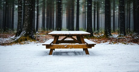 Snow covers picnic table within dense forest. Winter scene evokes quiet solitude, muted colors dominate landscape.