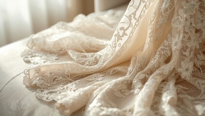 Close-up of a lace dress in beige, highlighting fabric texture for wedding gown design