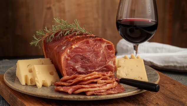 Cured Iberian ham pata negra served with manchego cheese and a glass of red wine, highlighting traditional Spanish flavors