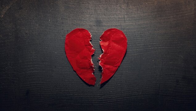 Half of a shredded red paper heart on a dark grey background, symbolizing heartbreak, no special holiday