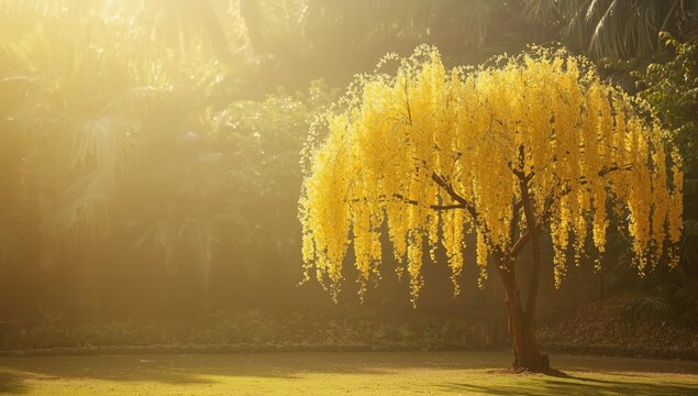 Golden rain tree, Cassia fistula, a Fabaceae family flowering shrub, focusing on seasonal blossom and ornamental use.