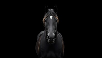 Fototapeta premium Black horse image on black background, focusing on detailed features and natural posture, ideal for equine industry visuals