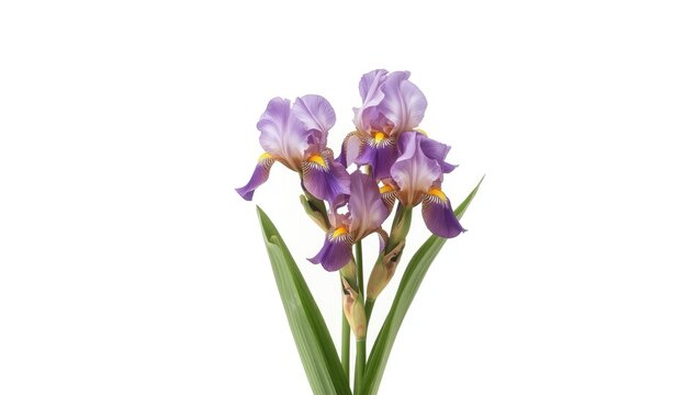 Single purple and yellow Dutch iris, isolated on white for botanical display