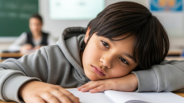 Asian boy resting head on desk in classroom, boredom and disengagement during school lesson