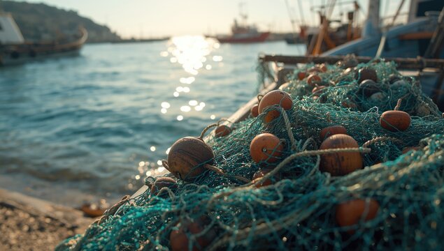Fishing boats nets detailed view highlighting operational efficiency in maritime activities