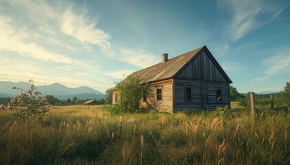 Fototapeta premium Rustic wooden dwelling in a deserted village with lush grass and mountain backdrop, highlighting rural decay and seasonal scenery