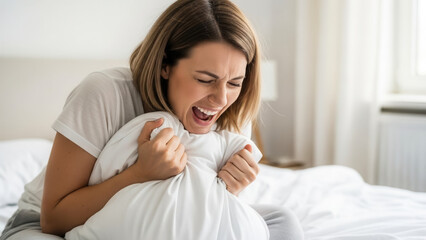 Woman screaming into pillow alone in bedroom, emotional release and stress relief in private setting