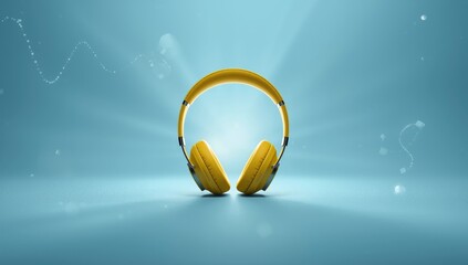 Blue backdrop features yellow headphones for podcast listening and relaxation, summer setting, World Hearing Day