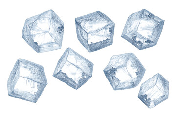 Obraz premium Ice cubes representing coldness and freshness. Hand-drawn icy elements, detailed and transparent, on a clear background