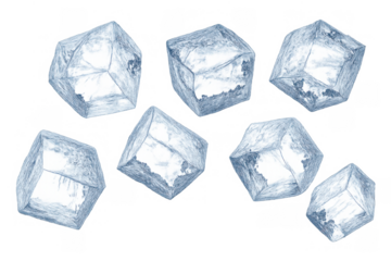 Ice cubes representing coldness and freshness. Hand-drawn icy elements, detailed and transparent, on a clear background