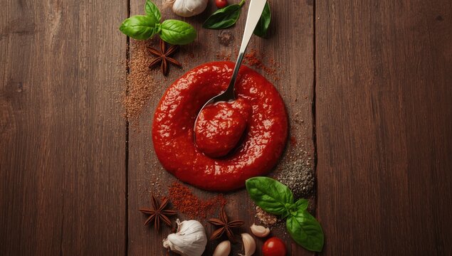 Cooking ingredients with tomato paste and spices arranged for food styling, focusing on flavor enhancement