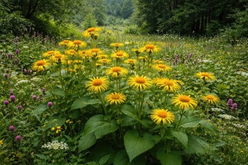 Obraz premium Natural wild zone containing the valuable therapeutic Inula helenium