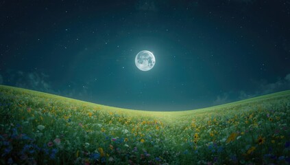Digital landscape of a flower-filled meadow under moonlight with starry sky, ideal for concept art or game scenes