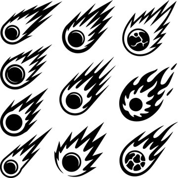 Meteor and fireball icon set shows blazing celestial objects streaking through space symbolizing impact danger and motion