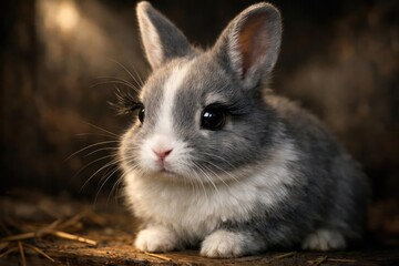 Obraz premium Cute gray and white young rabbit with exceptional eyelashes detail
