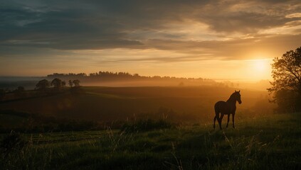 Equine herd resting during sunset in Burgundy's rural fields, illustrating countryside and animal behavior