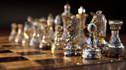 a luxurious chess set with intricate pieces and strategic gameplay unfolding on a sleek wooden board