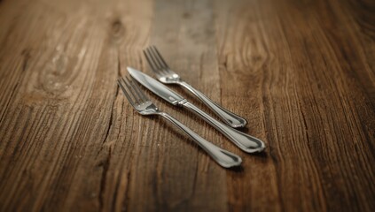 Set of utensils placed on a rustic timber table for dining setting, ideal for restaurant decor and table arrangement, International Day of Families