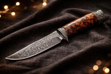 Decorative fixed blade knife with intricate Damascus pattern on fabric backdrop with copy space and subtle bokeh lighting