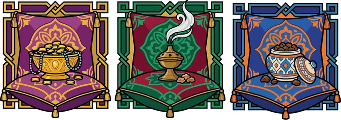 Three decorative images of vessels on pillows with tassels. Each image is a square with a unique color scheme and gold trim