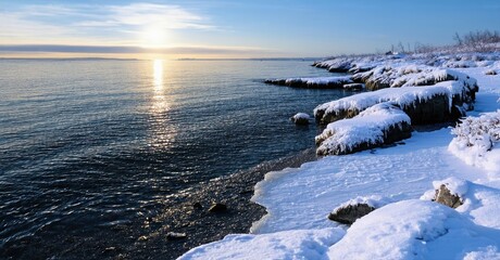 Obraz premium Winter scene. Ocean meets snowy rocks. Sunlight reflects on water creating bright path. Calm, cold landscape.
