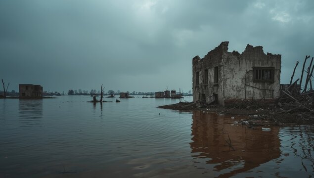 Flooded house and submerged village scene in KPK, emphasizing climate impact on rural communities