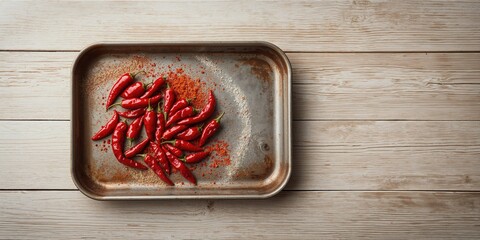 Chili peppers in dried and powdered forms displayed on a metal tray, highlighting spice processing techniques