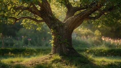 Apple tree with new shoots on the trunk, highlighting natural regeneration, seasonal change