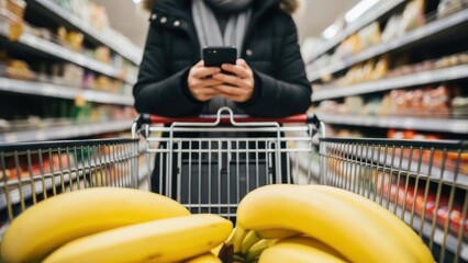 Shopper checking grocery list on smartphone while pushing cart with fresh bananas