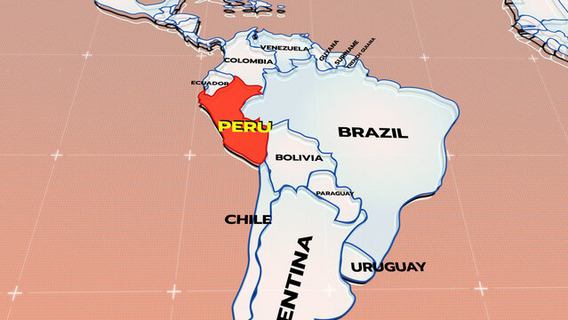 A stylized 3D map of South America showing country borders, including Brazil, Argentina, Chile, Peru, Colombia, Venezuela, Peru map,