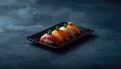 Macro of assorted sushi including salmon tuna shrimp and eel on a black plate, emphasizing seafood freshness, World Fisheries Day