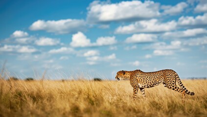 Wild cheetah in open terrain under a clear sky, highlighting its swift movement and environment, Endangered Species Day