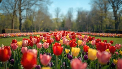 Field of vibrant tulips in a park, showcasing natural beauty and seasonal growth, Earth Day