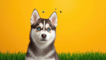 Close-up of a husky with striking blue eyes against a yellow backdrop, highlighting canine facial features