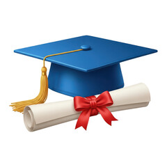 Blue graduation cap with diploma scroll and red ribbon bow