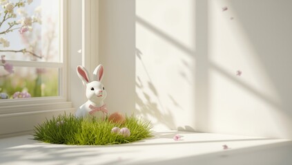 Easter Bunny holding decorated eggs in a spring setting, holiday tradition