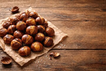Golden roasted chestnuts placed on textured wood table showing large copy space