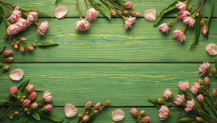 Pink almond blossoms including buds, leaves, and petals arranged on a natural green wooden surface, suitable for spring-themed backgrounds