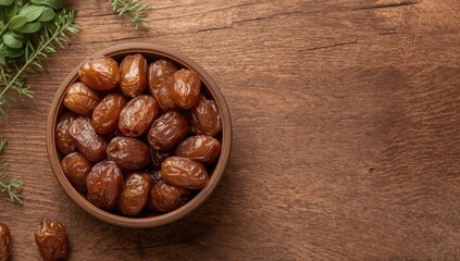Dried dates in a wooden bowl placed on a rustic wooden background, highlighting natural ingredients for nutrition awareness
