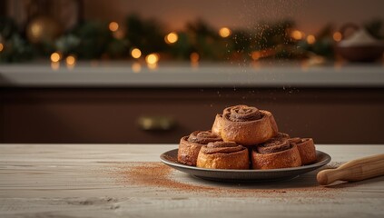 Chocolate cinnamon rolls with a shiny icing, emphasizing baked goods and pastry presentation, suitable for bakery display