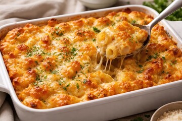 Comforting cheesy pasta bake with golden crust