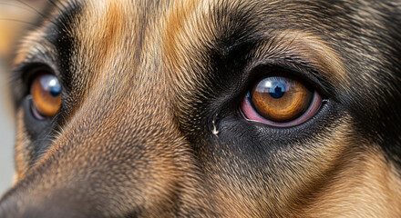 Detailed Eye Close-Up of Ill German Shepherd, Reddened and Inflamed, Authentic Veterinary Documentary Image