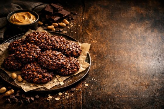 Chilled no bake chocolate peanut butter oat cookies featuring copy space for text