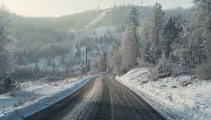 Fototapeta premium Snowy winter road scene, emphasizing erosion risk during seasonal change, Earth Day