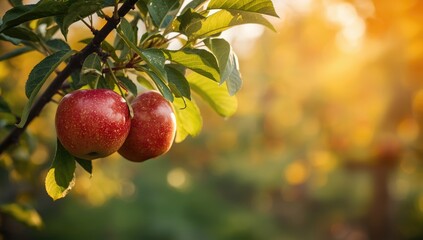 Shinano Sweet apples hanging on orchard tree, harvest scene in autumn, lush greenery, nature, seasonal change, World Agriculture Day