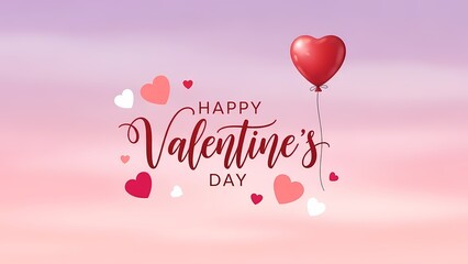 Elegant 'Happy Valentine's Day' calligraphy with a glossy red heart balloon and scattered pink and white hearts on a soft gradient background, perfect for romantic greetings and celebrations.