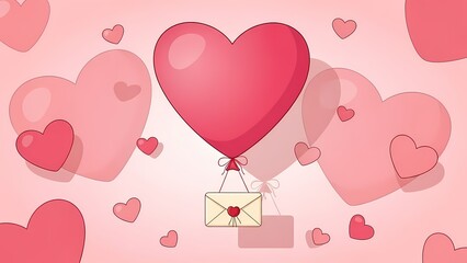 Valentine Day Background,Romantic illustration of a large red heart balloon carrying a love letter, surrounded by floating pink hearts on a soft gradient background, perfect for Valentine's Day.